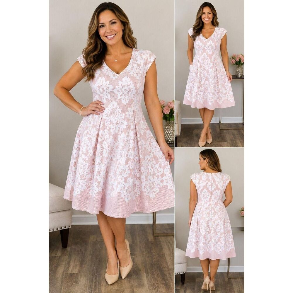 NWT Ronni Nicole Pink Floral Fit And Flare Lace Dress Women 16 Formal Wedding